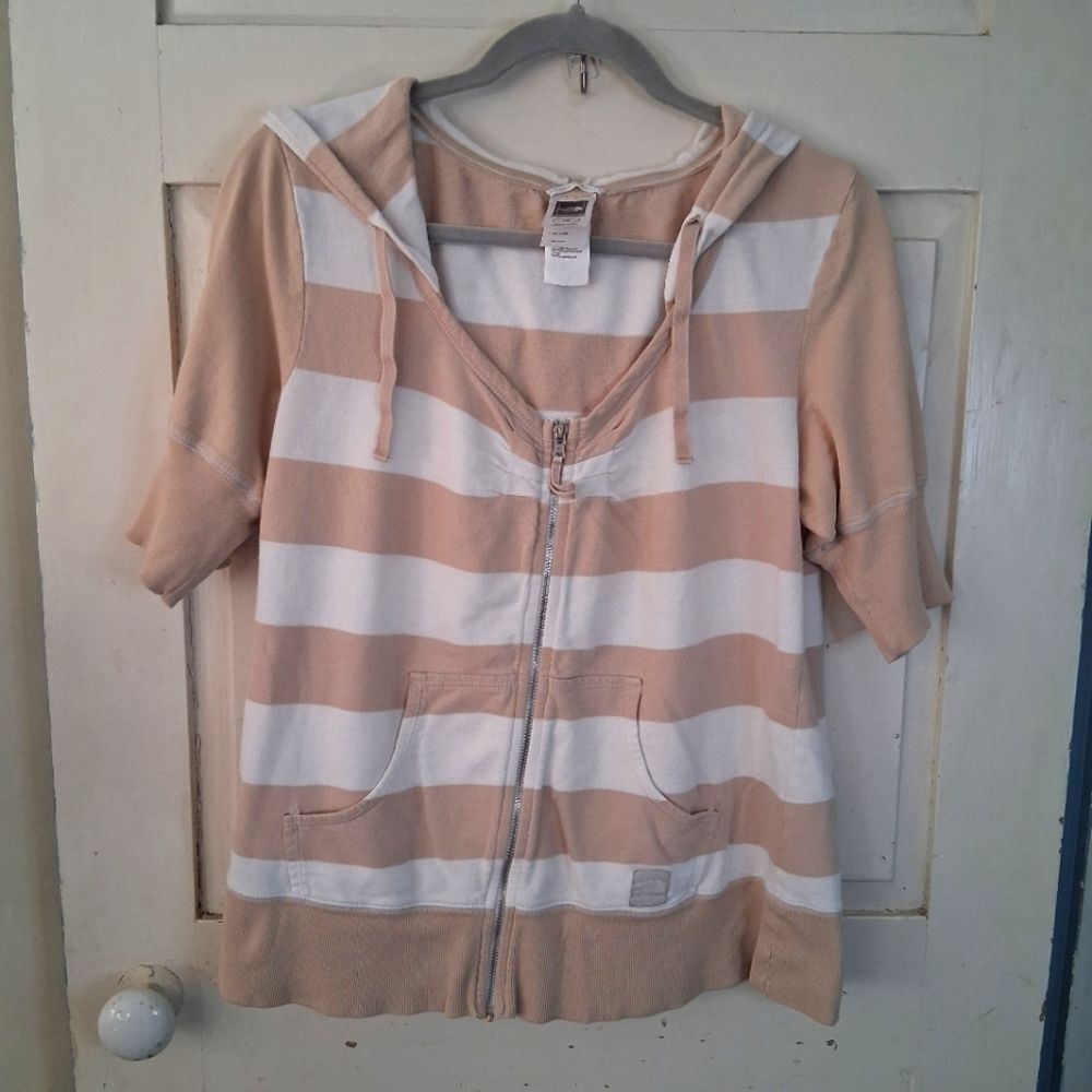 The North Face Beige and White Striped Zip-Up Short Sleeve Hoodie